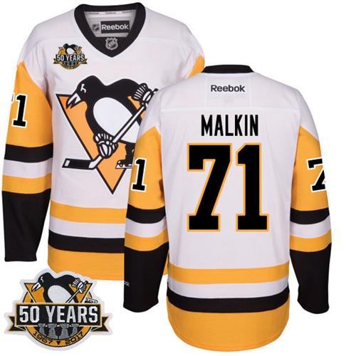 Penguins #71 Evgeni Malkin White/Black CCM Throwback 50th Anniversary Stitched NHL Jersey - Click Image to Close